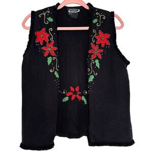 Studio Joy Vintage Christmas Sweater Vest with Poinsettias Embroidered